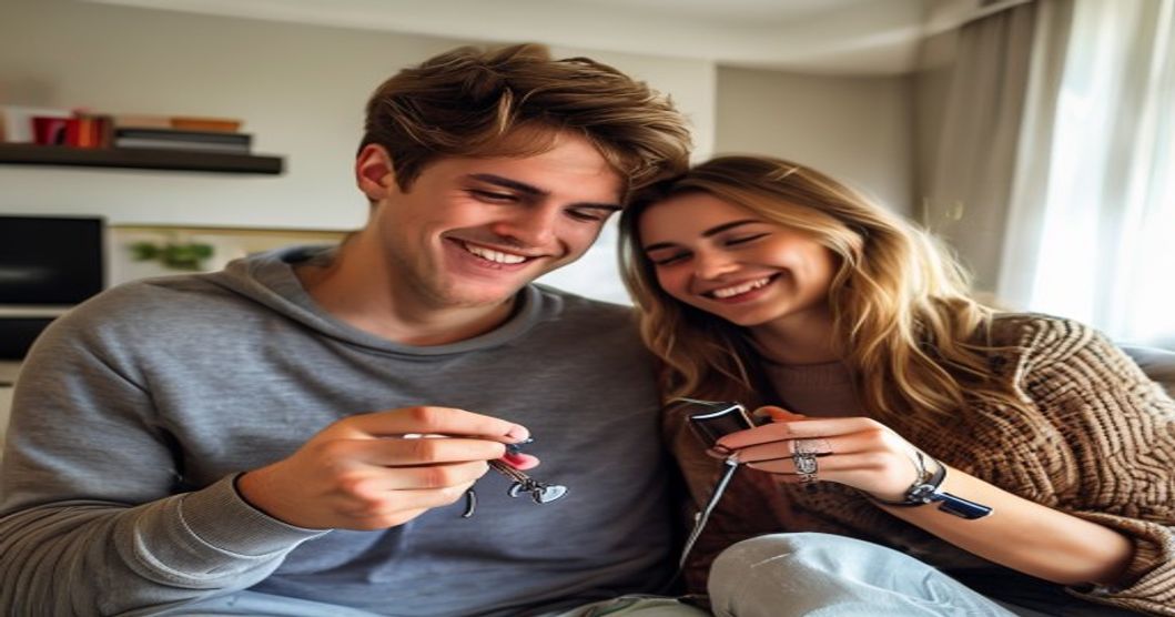 young couple apartment keys